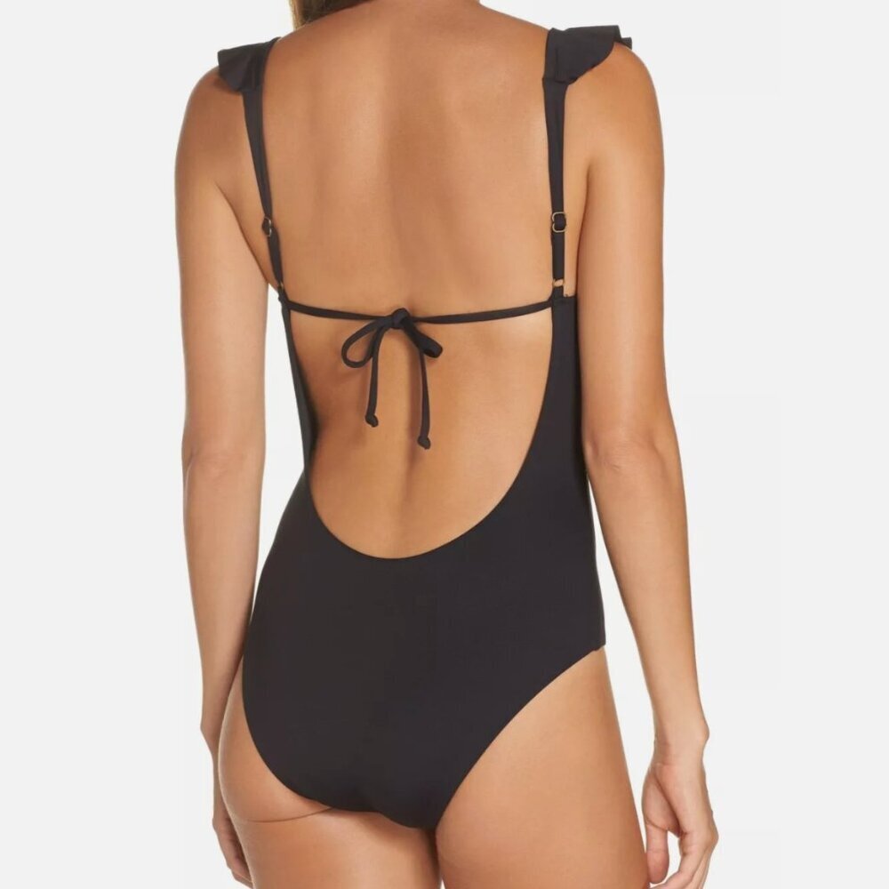 Becca Socialite Swimsuit One Piece V-Neck Ruffled Plunging Black New Size Small - Picture 8 of 12